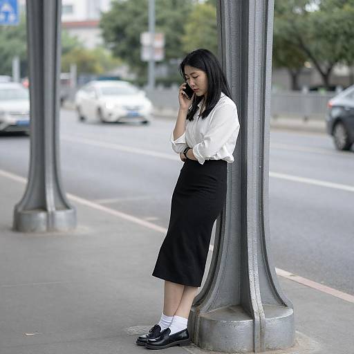 Asian Woman on Phone by Bridge Pillar