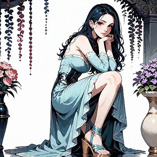 Elegant Woman in Strapless Maxi Dress Sitting Outdoors