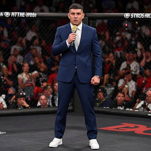 Photograph of a serious, dark-haired man in a navy suit, white shirt, and white shoes, holding a microphone in a crowded MMA arena.