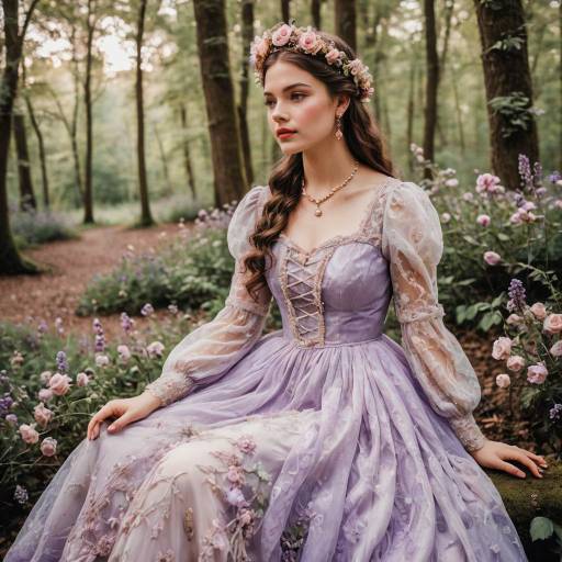 Woman in Lavender Vintage Lace Dress in Forest