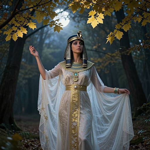 Photograph of a woman in an ancient Egyptian-style white gown with gold embroidery, black striped headdress, and turquoise necklace, standing in a moonlit
