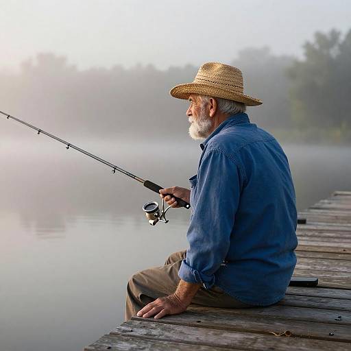 Elderly Fisherman at Misty Dawn Lake
