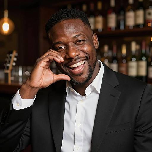 Smiling Man in Heart Pose at Bar