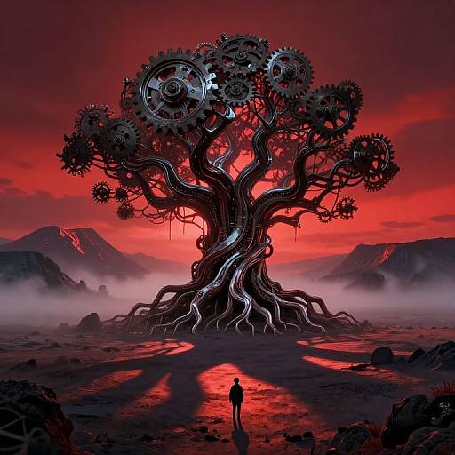 Digital art: Silhouetted figure stands before a colossal, twisted tree with gear-like branches against a red, fiery sunset sky, surrounded by mist