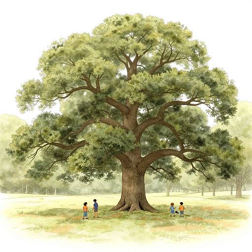 Digital illustration of a large, lush green tree with six children playing around its base in a sunlit, grassy field.