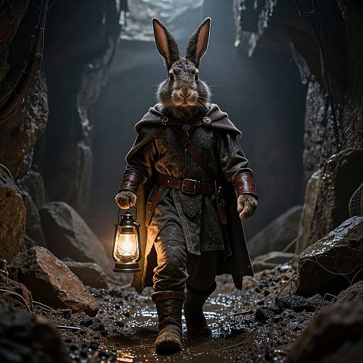 Photorealistic digital art of a rabbit in a dark, rocky cave wearing a long, dark cloak and holding a glowing lantern.