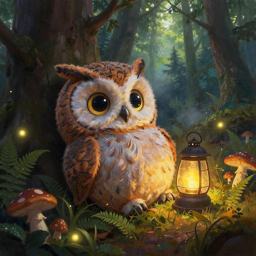 Whimsical digital painting of a large, fluffy, wide-eyed owl with brown and white feathers, sitting in a moonlit forest beside a lantern and
