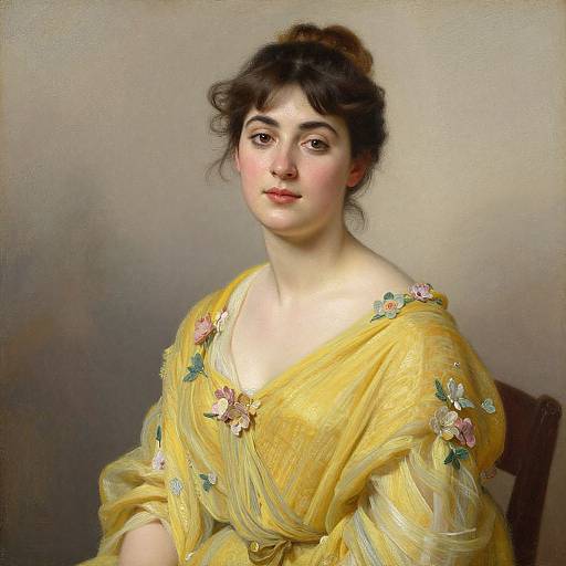 Classical portrait of a young woman with fair skin, dark curly hair, and pink cheeks, wearing a yellow dress with pink and green floral embroidery,