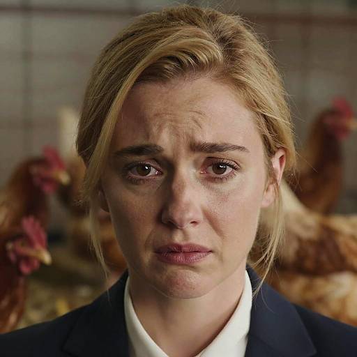 Photograph of a serious-looking blonde woman with fair skin and light makeup, wearing a black blazer over a white shirt, in a blurred chicken coop
