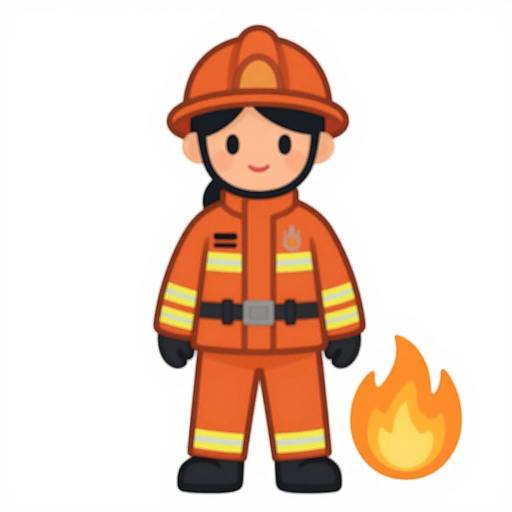 Cartoon-style image of a smiling firefighter with orange uniform, helmet, black gloves, and boots, standing next to a small orange flame.