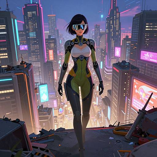 Digital art: Cyberpunk woman with black bob, reflective sunglasses, form-fitting black and green bodysuit, stands on rooftop amidst neon-lit