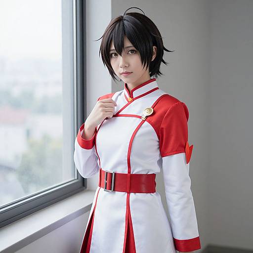 Photograph of an Asian woman with short black hair, wearing a white and red military-style cosplay uniform with a red belt, standing near a window in