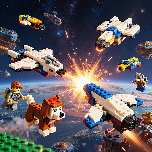 Photograph of colorful LEGO space battle with explosions, LEGO figures, planet below, and space background, showcasing dynamic action and vibrant colors.