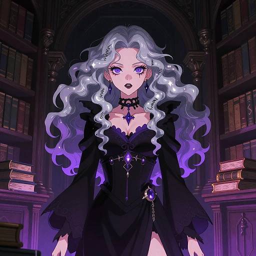 Digital anime-style illustration of a pale-skinned woman with long, wavy silver hair, purple eyes, and black gothic dress, standing in a