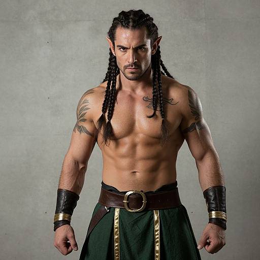 Muscular, shirtless man with long braids, tribal tattoos, and green skirt with gold trim, wearing black arm bands, intense expression. Phot