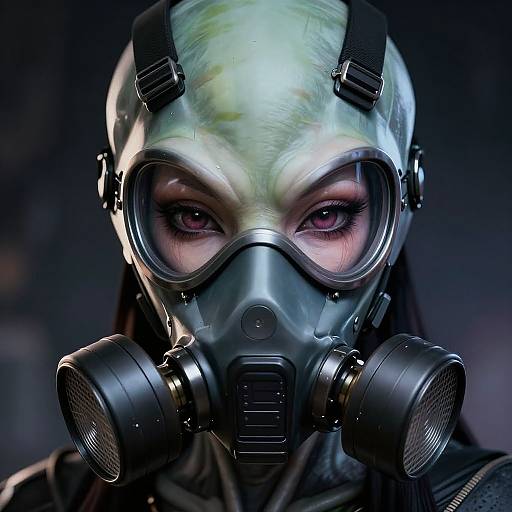 Close-up photograph of a person wearing a futuristic, metallic green gas mask with black straps and large circular filters, against a dark, blurred background. Int