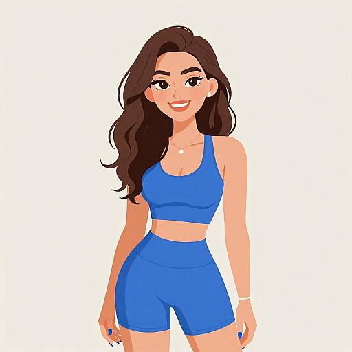 Digital illustration of a smiling woman with long brown hair, wearing a blue sports bra and matching high-waisted shorts, against a white background.
