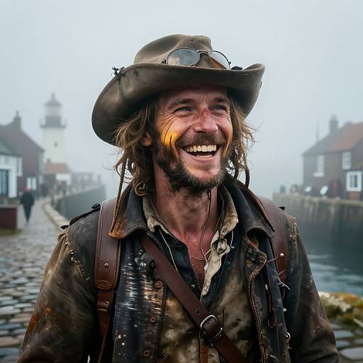 Photograph of a grinning, rugged, bearded man with long hair, wearing a dirty hat, glasses, and worn leather jacket, standing on