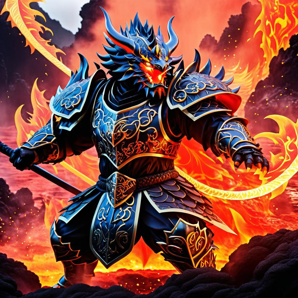 Fierce Dragon Warrior in Volcanic Battle