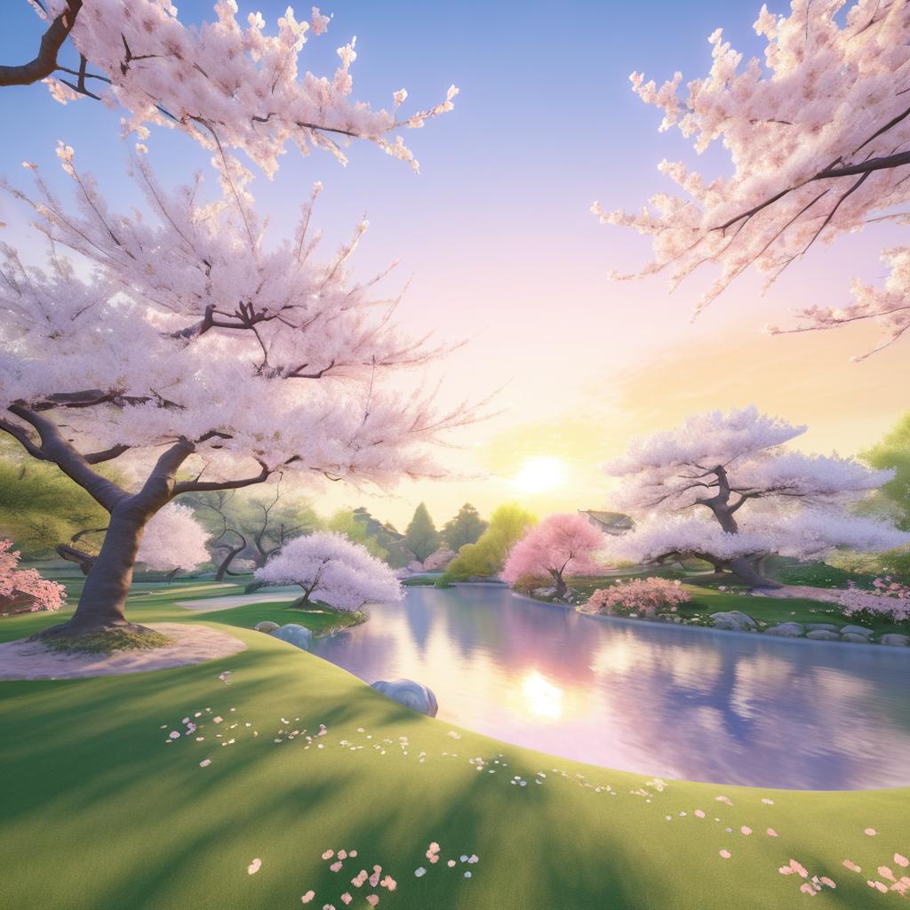 Serene Cherry Blossom Garden at Sunset