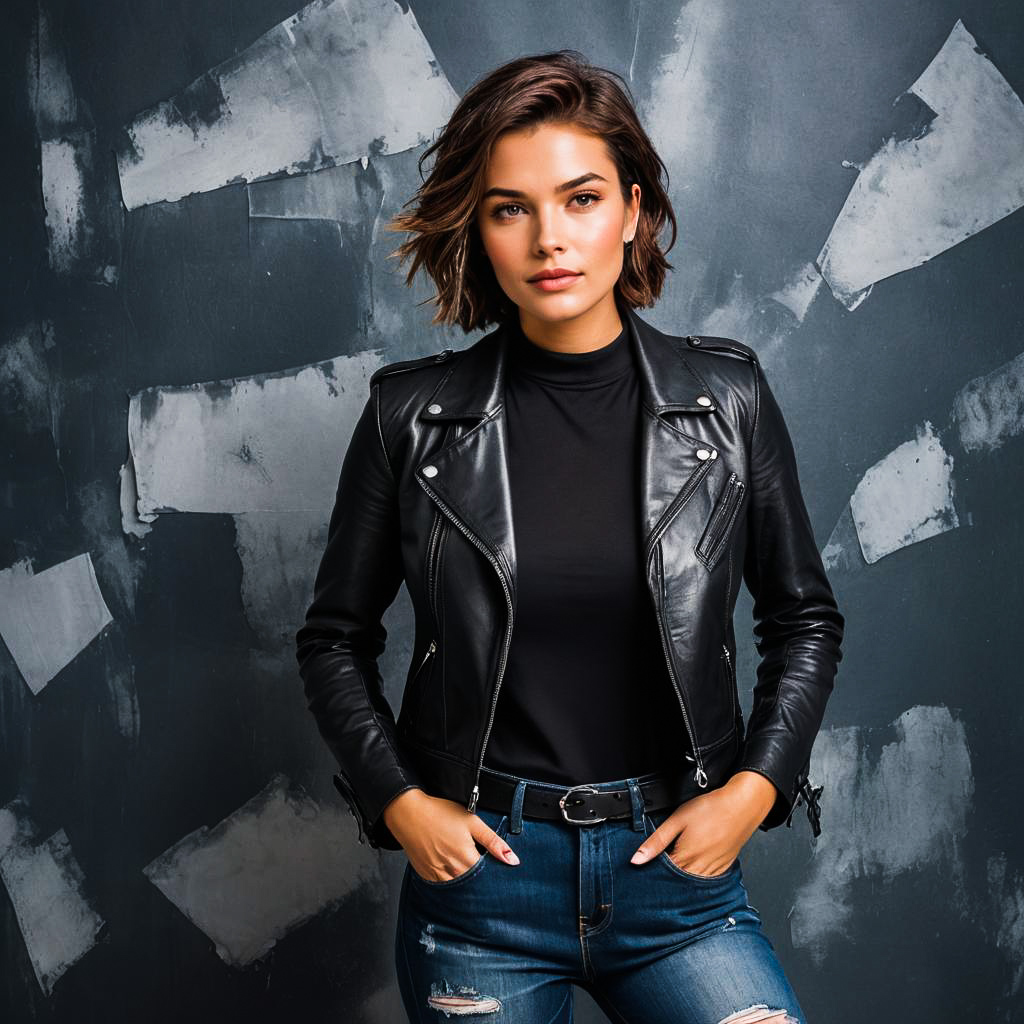 Confident Leather-Clad Woman Photo Shoot