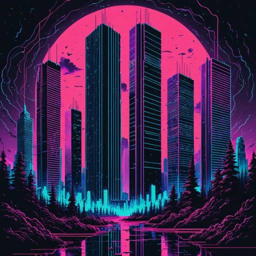 Neon Vaporwave Skyscraper Cityscape