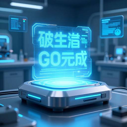Photorealistic CGI of a futuristic lab with glowing blue holographic display showing 