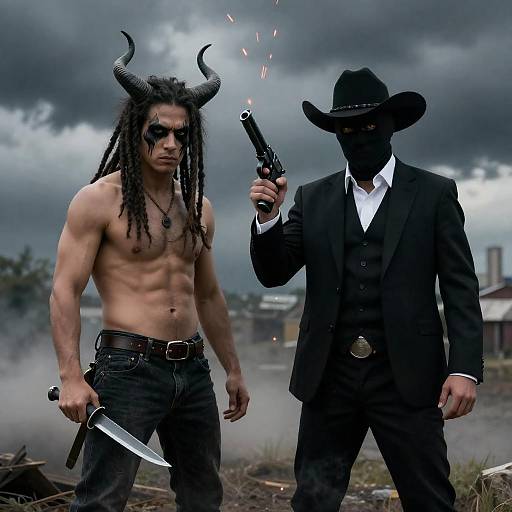 Dramatic Duel in a Smoky Landscape