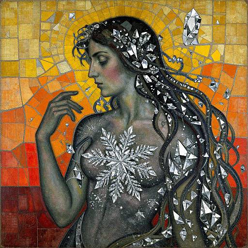 Mosaic-style digital artwork of a serene, long-haired, nude woman with a golden halo, adorned with reflective glass shards, against a vibrant orange and
