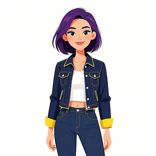 Digital anime-style drawing of a smiling woman with purple hair, wearing a black denim jacket with yellow cuffs, white crop top, and dark jeans, against