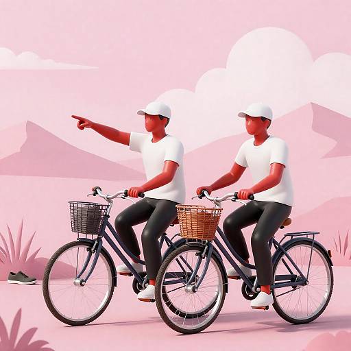 Two Red-Skinned People Riding Bicycles in Pink Landscape