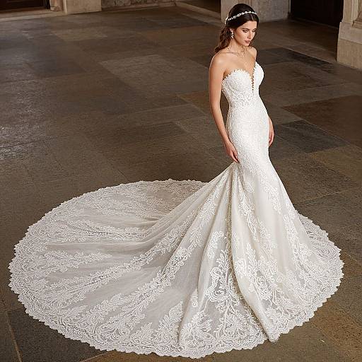 Photograph of a fair-skinned woman with dark hair in a white lace strapless wedding gown with a long, flowing train, standing in a dim