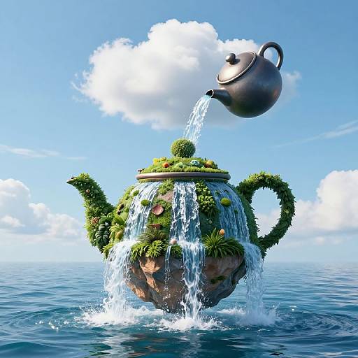 Digital art of a floating, green-plant-covered teapot being poured with water from a metal teapot, set against a bright blue sky and calm