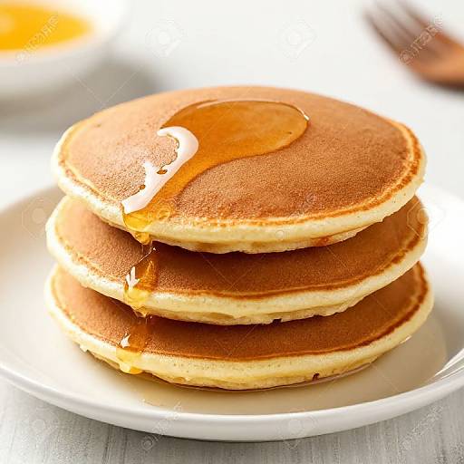 Photograph of three golden-brown pancakes stacked on a white plate, topped with a generous pour of amber syrup, on a light wooden table.