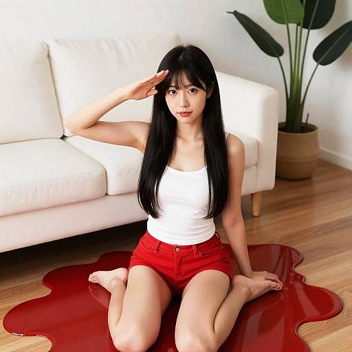 Playful Woman in Red Liquid Setting
