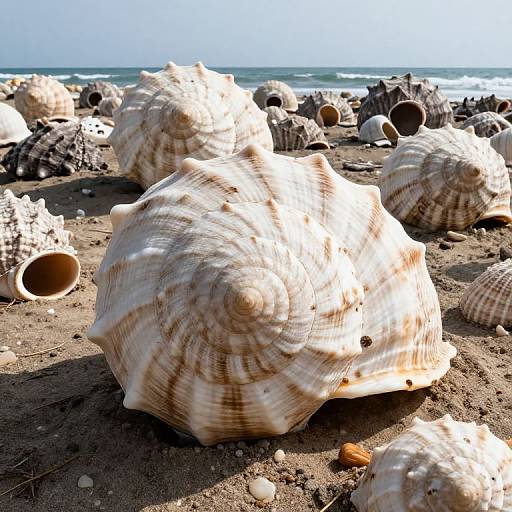 Photograph of a sandy beach with large, textured, spiral-shelled seashells scattered in the foreground, under a clear blue sky and ocean waves