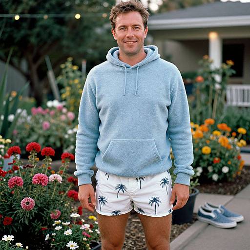 Photograph of a smiling man with short brown hair, wearing a light blue hoodie and white shorts with black palm tree patterns, standing in a colorful garden