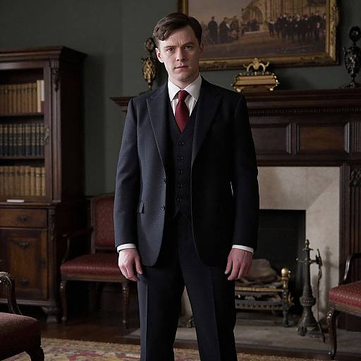 Photograph of a young white man with short brown hair, wearing a black three-piece suit, white shirt, and red tie, standing in a dim