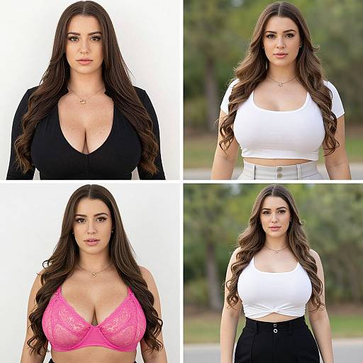 Photograph collage of a brunette woman with long wavy hair, wearing black, white, and pink tops, showcasing different cleavage styles in outdoor settings