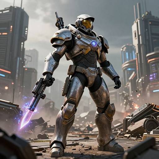 CGI sci-fi image of a futuristic, armored warrior with glowing blue sword, standing in a war-torn, neon-lit cityscape.