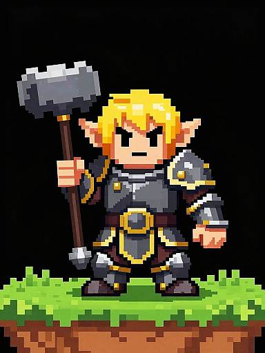 Pixel art of a blonde, armored warrior with large hammer, standing on grassy terrain, against a black background. Retro video game style.