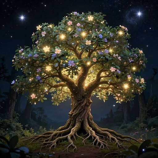 Enchanted tree with glowing yellow lights, purple and white flowers, and illuminated starry night sky in a magical forest.