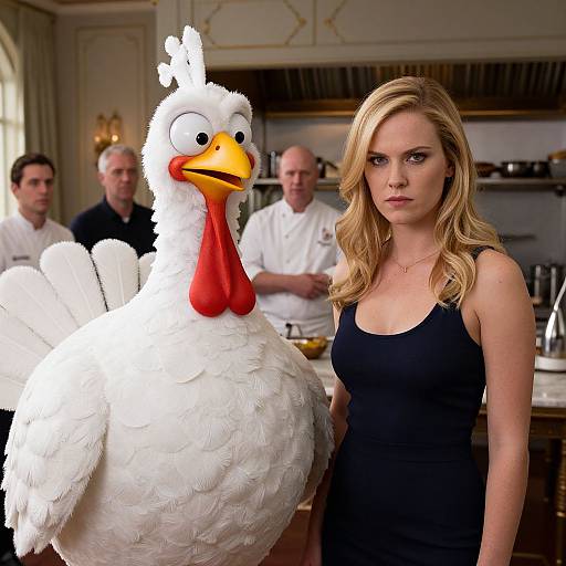 Photograph of a serious blonde woman in a black tank top standing beside a cartoonish white turkey with an orange beak and red wattle in a