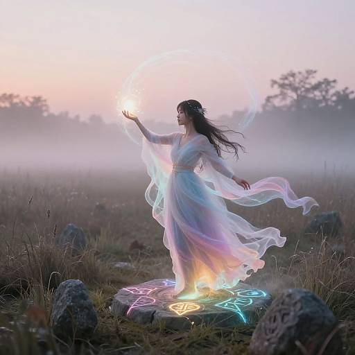 Silhouetted woman in flowing, translucent dress stands on glowing pentagram, pointing at sun, surrounded by misty field with stones. Digital art