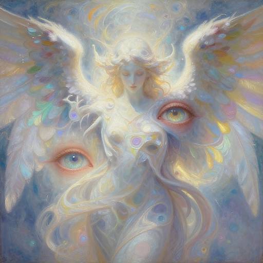 Digital painting of a luminous, ethereal angel with glowing eyes, iridescent wings, and flowing hair against a blue, starry background.
