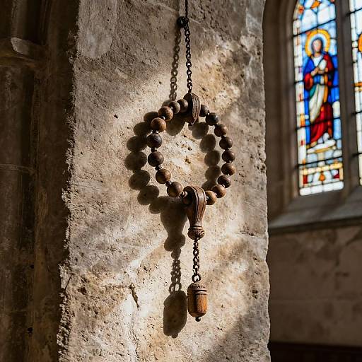 Photograph of a rustic wooden rosary hanging on a sunlit stone wall, with a vibrant stained glass window in the background.