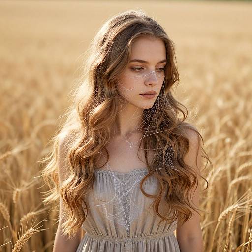Photograph of a young woman with long, wavy brown hair, wearing a light gray, sleeveless dress, standing in a golden wheat field,