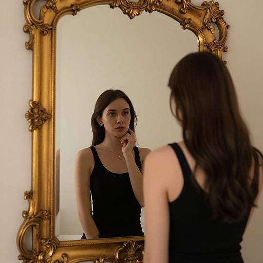 Photograph of a woman with long brown hair, wearing a black tank top, standing in front of an ornate gold mirror, reflecting her contemplative
