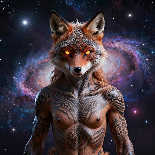 Surreal Fox Humanoid with Tribal Tattoos in Cosmic Space