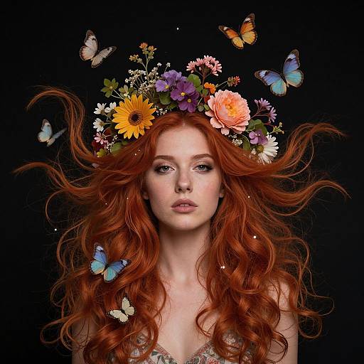 Digital portrait of a fair-skinned redhead woman with flowing hair, wearing a vibrant flower crown, surrounded by floating butterflies, against a black background.